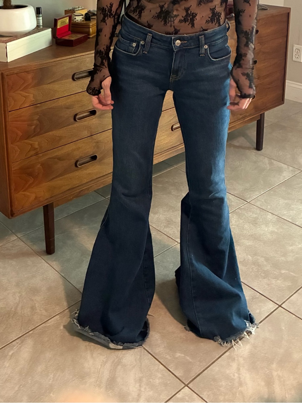 Free People Dark Blue Flare Jeans with Raw Hem